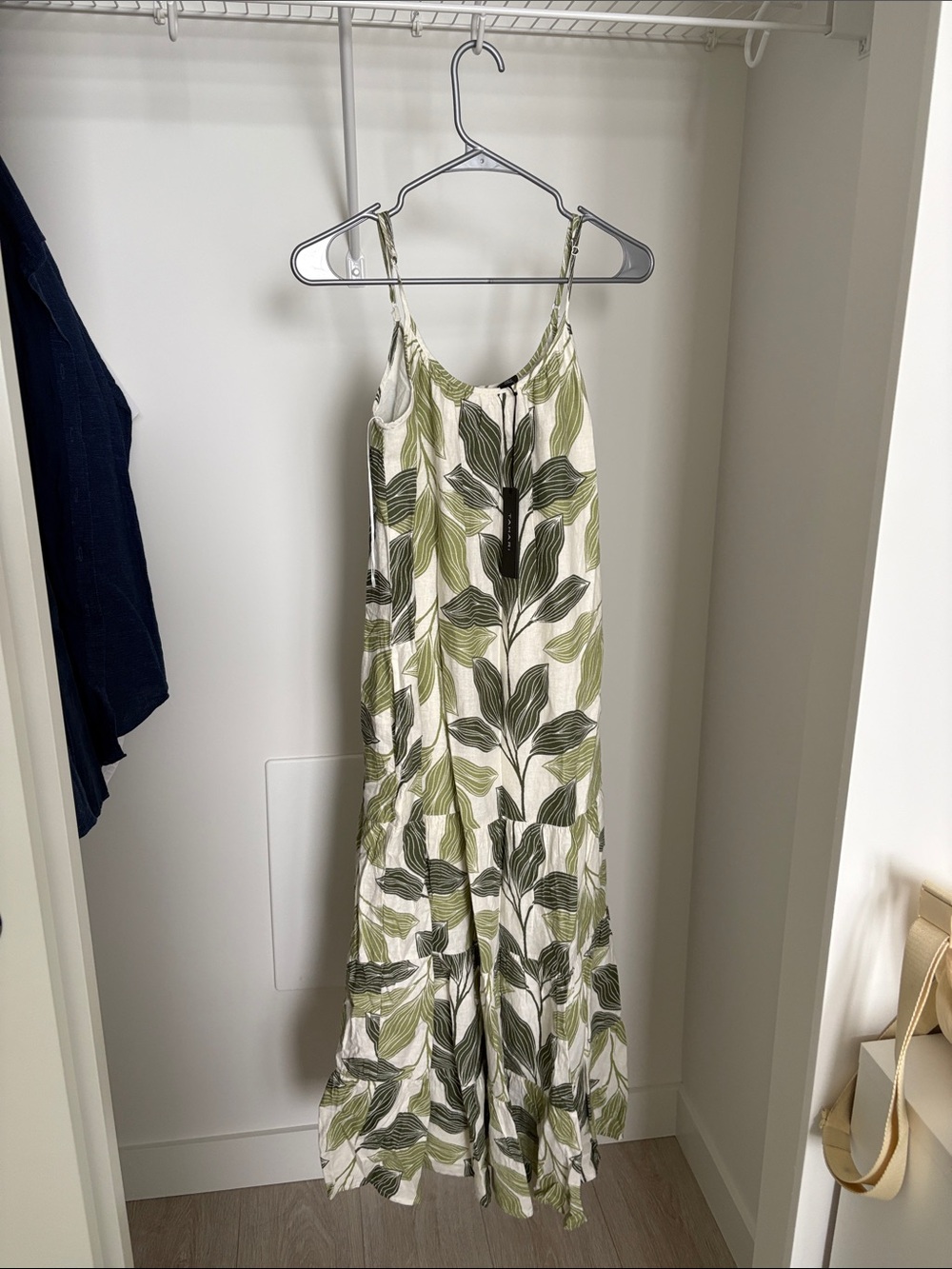 Tahari Cream Maxi Dress with Green Leaf Print